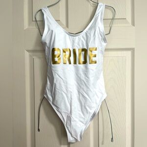White Bride Swimsuit with Gold Lettering